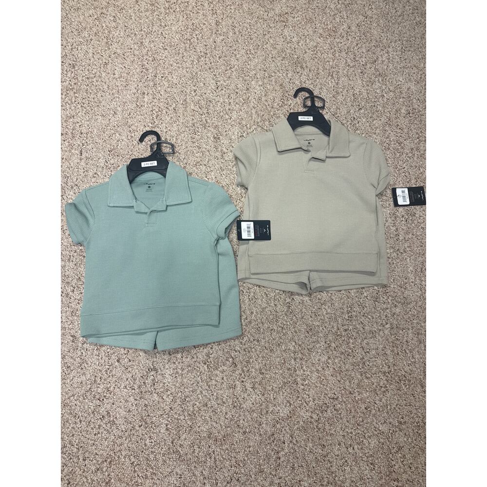 Kids 5/6 outfits : shorts + short drove shirt; khaki + blue green